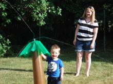 James and Aunt Kathy playing with his new water toy